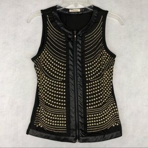 Carmin Womens Small Gold Studded Vegan Leather Trim Full Zip Black Vest Tank Top